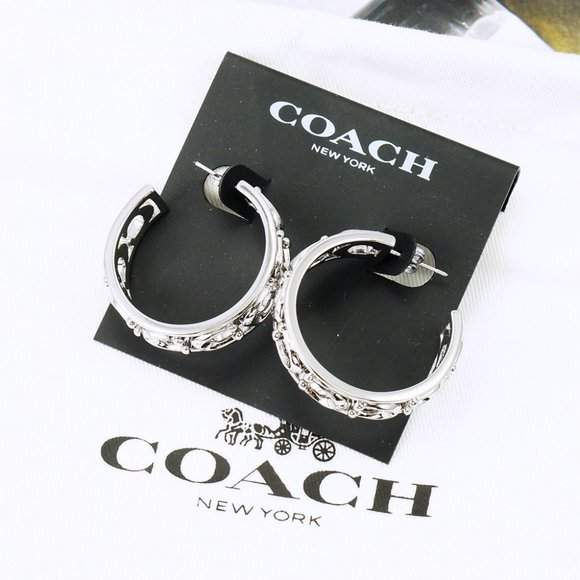 Coach Jewelry Coach Signature Openwork Hoop Earrings Silver Tone